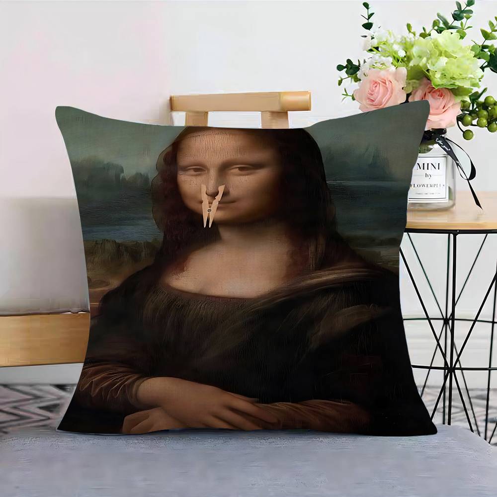 Funny Mona Lisa Wearing Pearls Girl Cushion Cover Pillowcase Upholstery Sofa Throw Pillow Home Decor Pillowcas