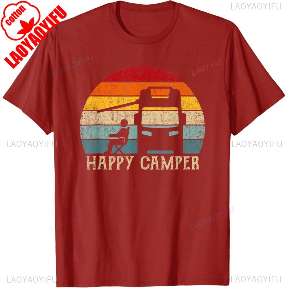 Happy Camper RV Camping Shirt Men Women Retro Sun 70s 80s TShirt Cotton Short Sleeve Casual Fashion Summer Style Man Tshirts