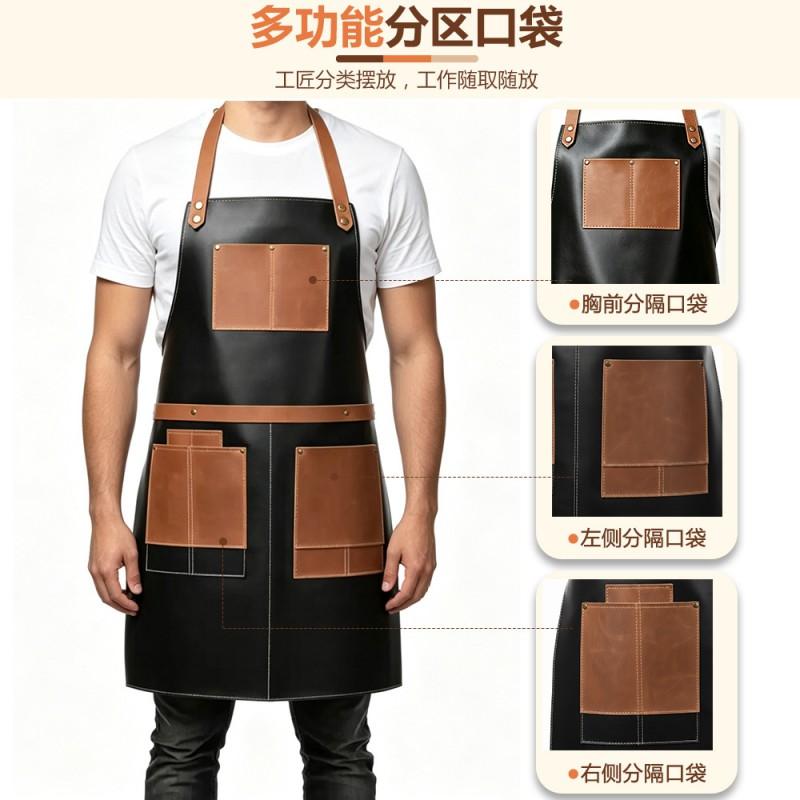 Leather Barber Apron With Adjustable Neck Strap Multiple Pockets Waterproof Oil Resistant Unisex Work Kitchen BBQ Salon