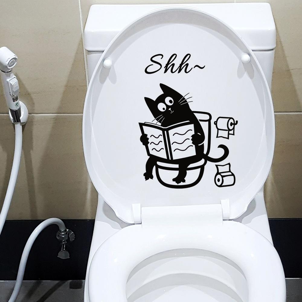 Cartoon Cat Reading Newspaper On Toilet Self Adhesive Bathroom Toilet Sticker Home Decor