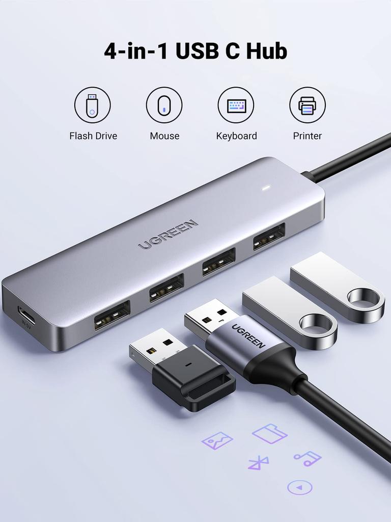 UGREEN Hub with USB 60cm or 5Gbps Data LED Power Supply Compatible with USB Flash and Low Power Compatible with and More USB-C Hub, 4-Port Type-C 3.0