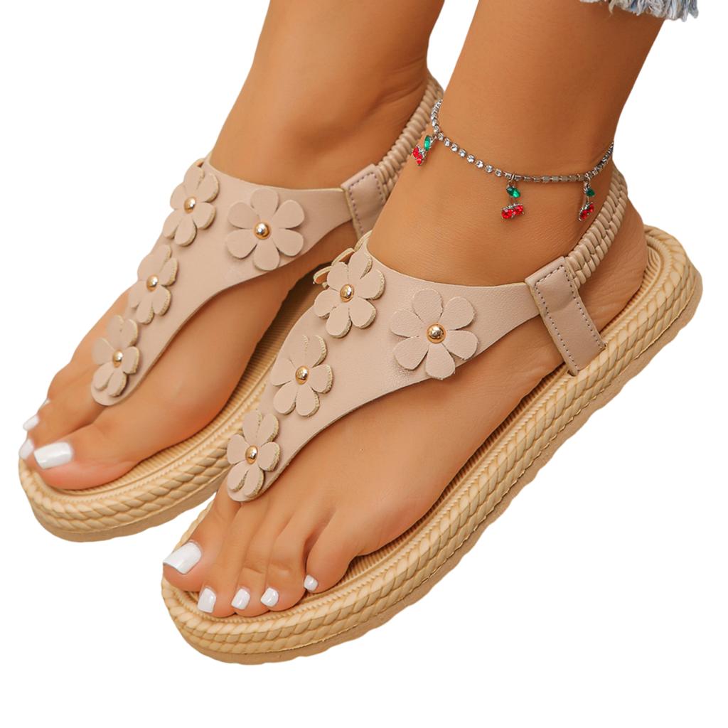 Women Floral Embellished Toe Loop Sandals Elastic Back Strap Flat Sole Comfortable Casual Footwear for Summer Beach Outdoor