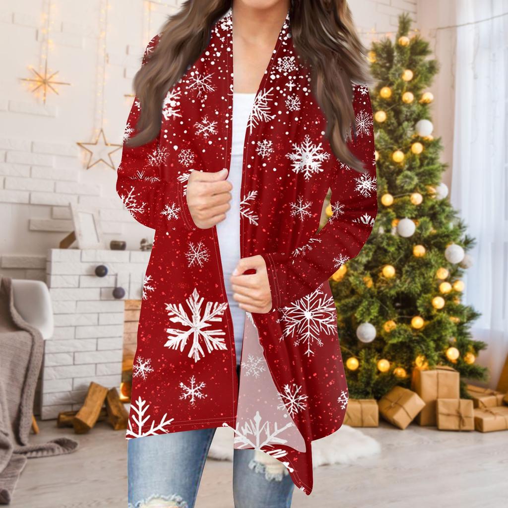 Dame Mote Casual Jul Print Medium Lengde Cardigan Jakke Kåpe