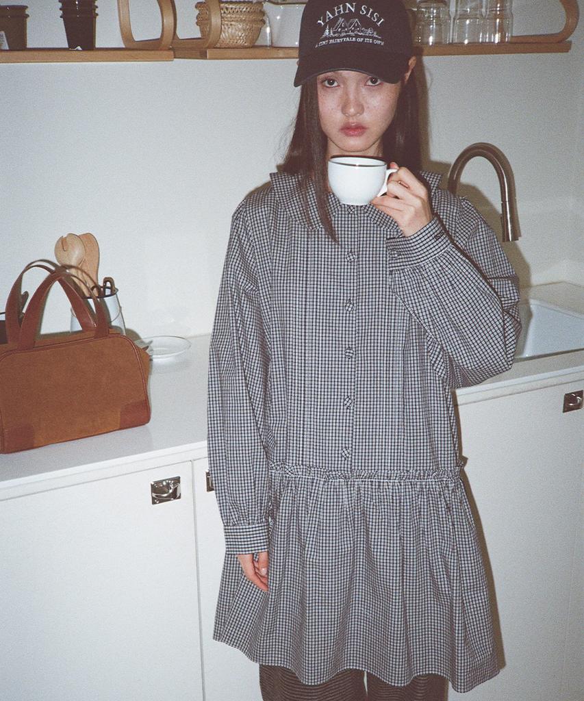 Yansisi Check Round Collar Dress - Navy