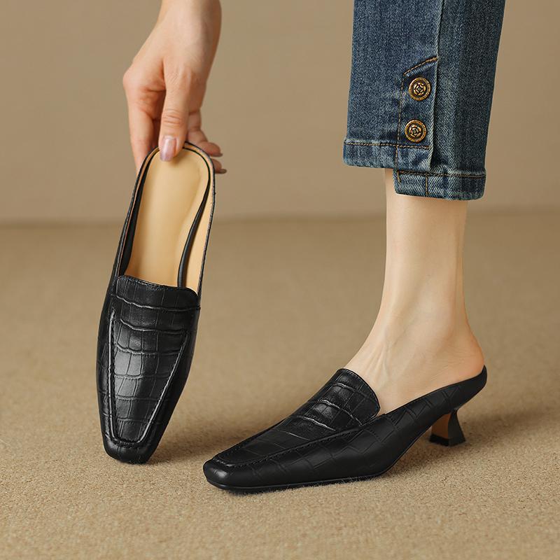 2024 New Summer Real Leather High Heels Half Slippers Women Square Toe Slip on Mules Ladies Fashion Dress Slides Shoes Female