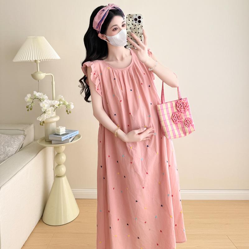 Elegant 2026 Summer Heart Embroidery Maternity Dress - Cotton Linen with Flutter Sleeves XL розовый