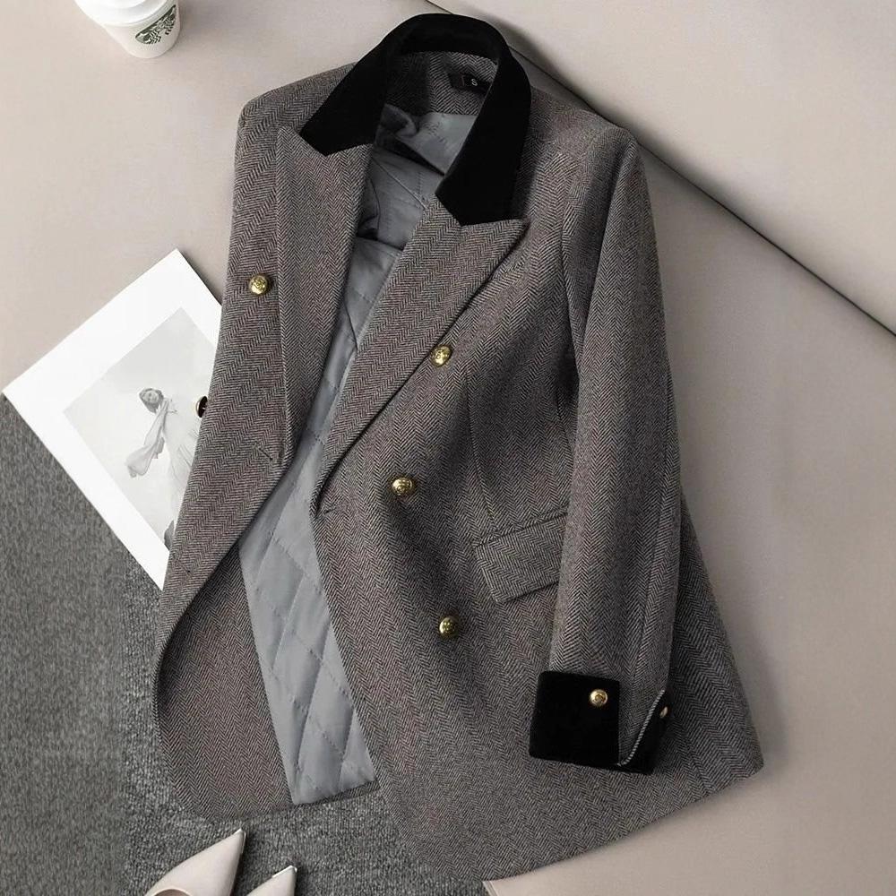 

Women s Office Woolen Suit Jacket for Women Autumn Winter Chic Gray Herringbone Pattern Suit Female Thick Casual Coat S сірий