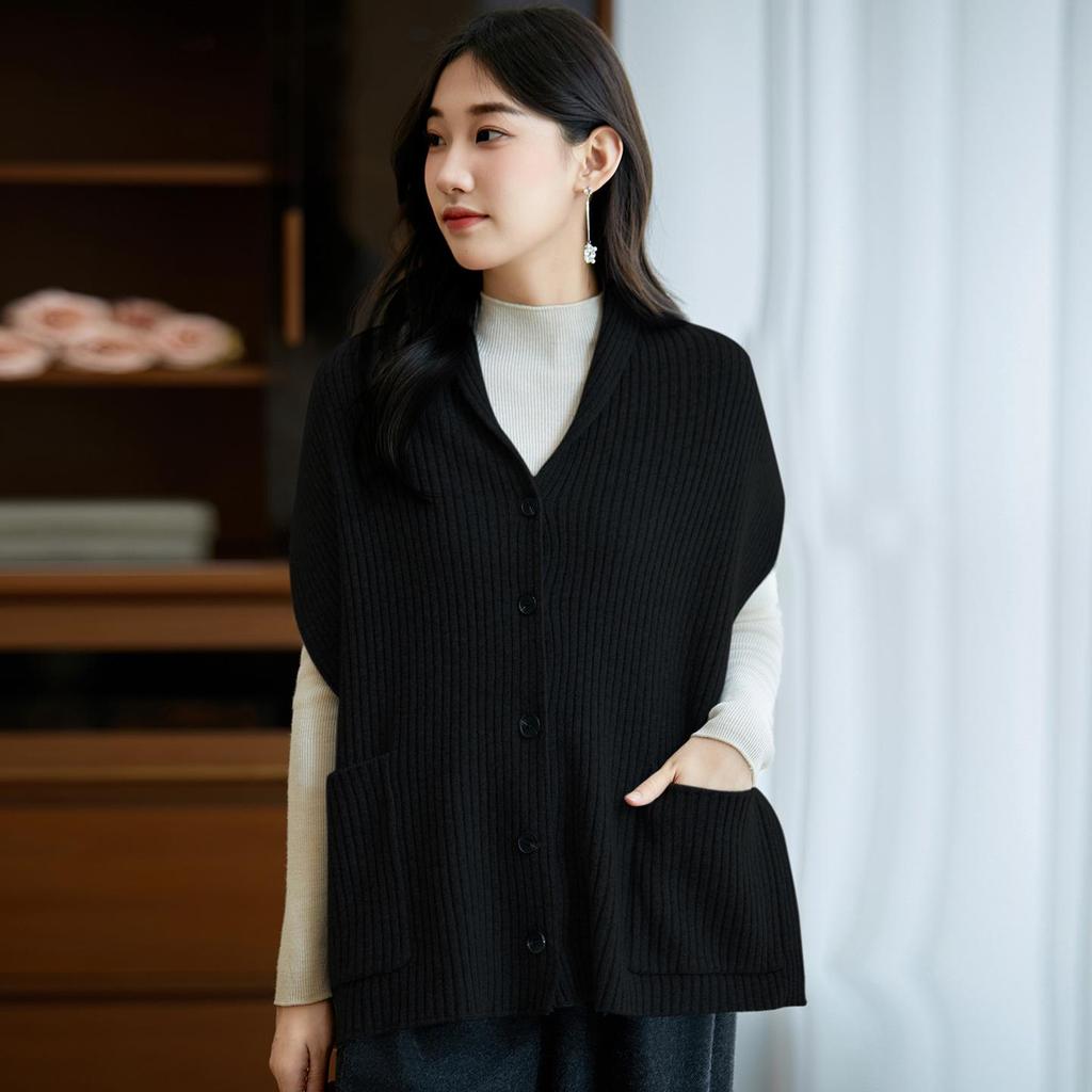 Women's 100% Wool Knit Cardigan Vest - Autumn/Winter 2025 Shawl