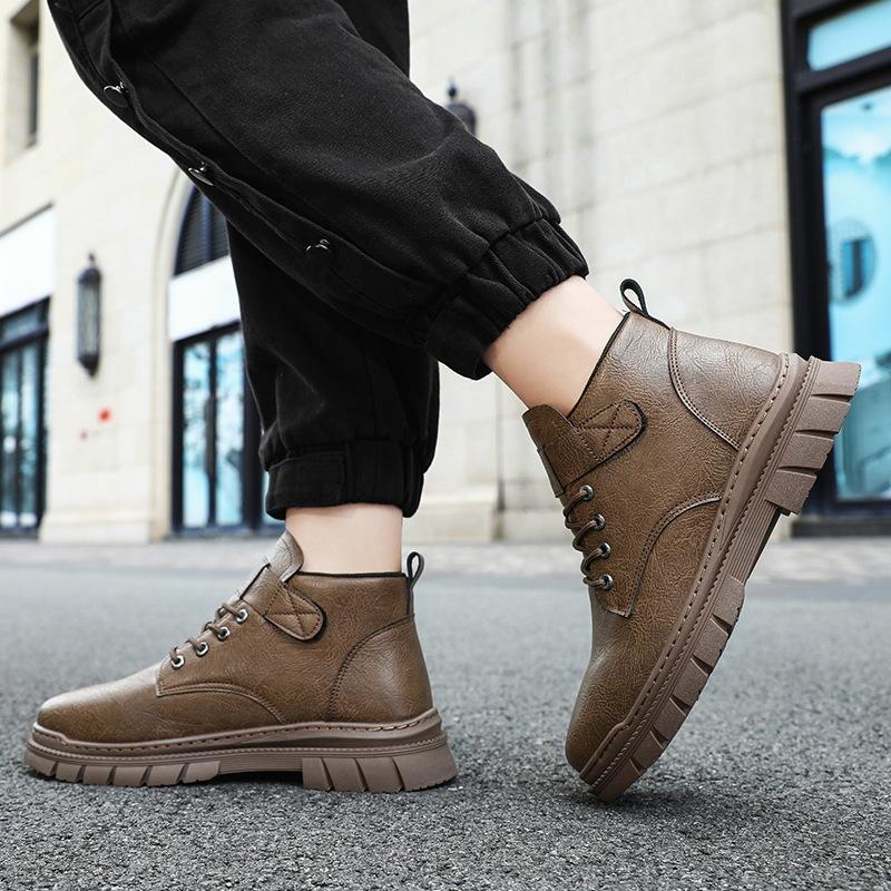 Fashion Men Leather Boots Outdoor Waterproof Anti-slip Platform Work Shoes Men High Top Ankle Boot Boot Trend Climbing Shoe Plus
