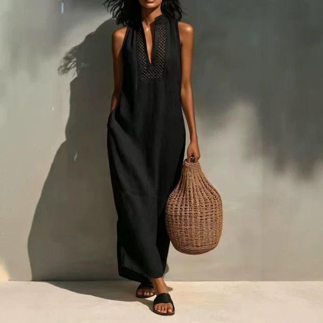 2026 European and American Cross-border Independent Station, Summer White Sleeveless Hollow V-neck Dress, Holiday Style Loose Dress