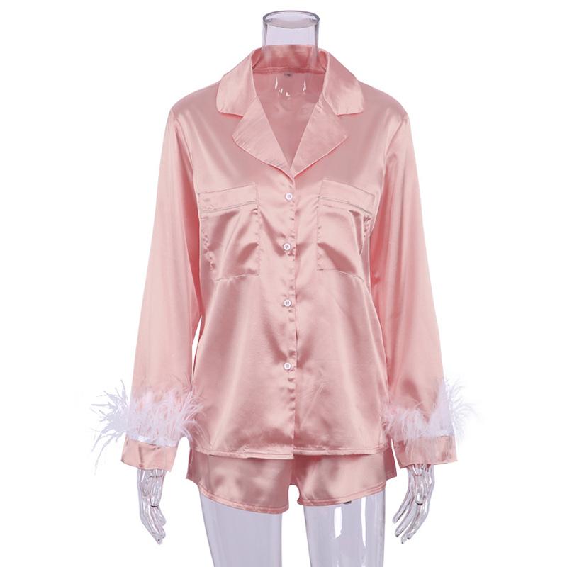Women Satin Pajamas Set Lady Sleepwear Female Pajamas Suit Silk Nightwear Home Clothes Feather Cuff