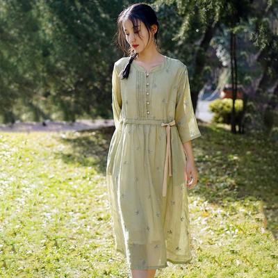 Women Vintage Dress Stand Seven Sleeve Spring Print Floral Bandage Women A-Line Dress