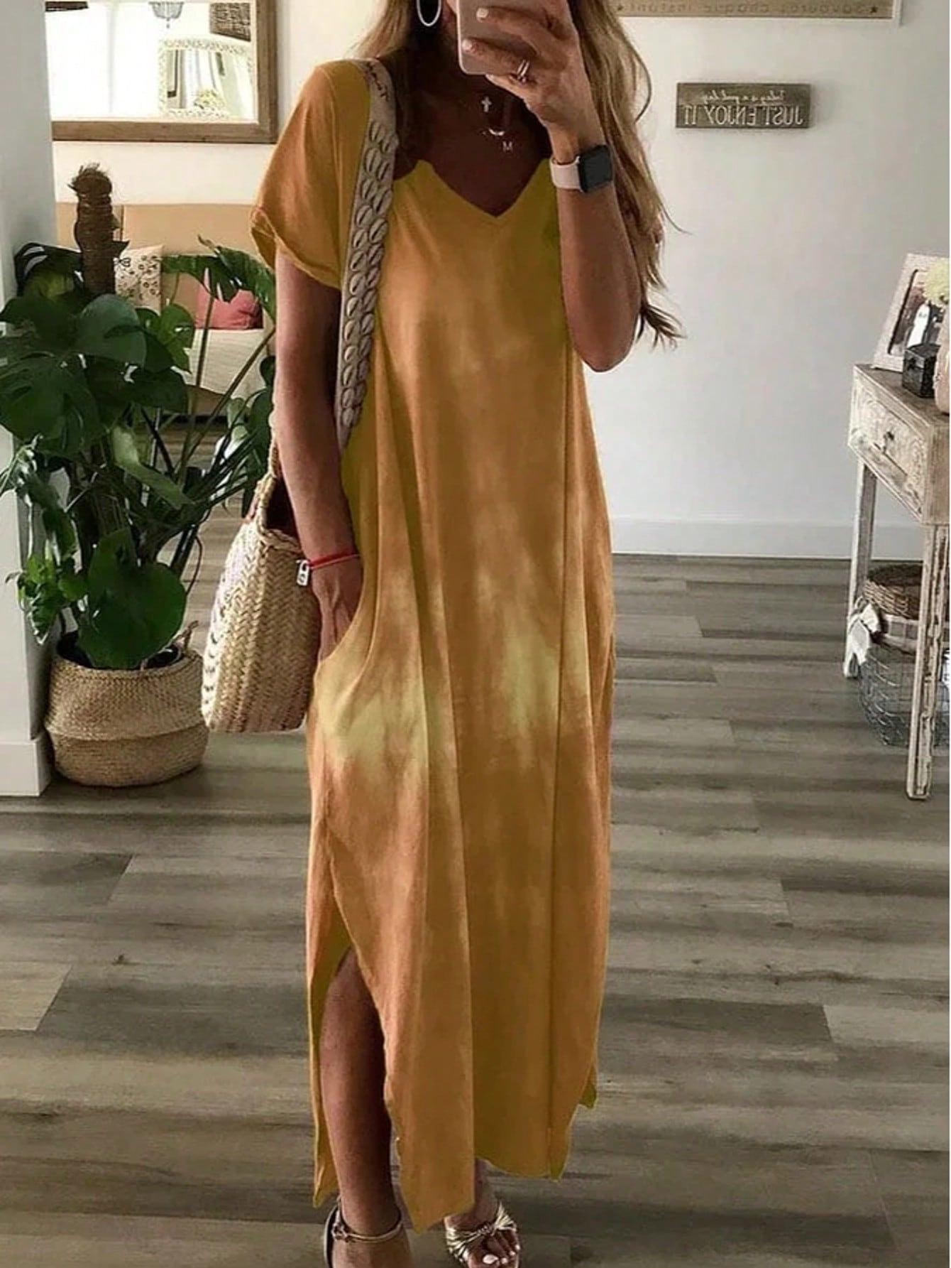 

European & American Tie-Dye Gradient Casual Loose Women s Short Sleeve Dress with Pockets 5XL жёлтый