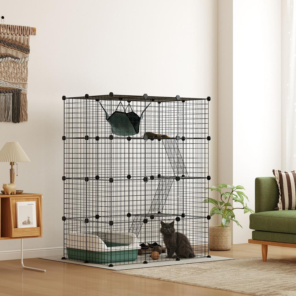 Four-Tier DIY Large Cat Cage with Hammock, Ramps, Five Doors, Indoor Use for 1-3 Cats, Black