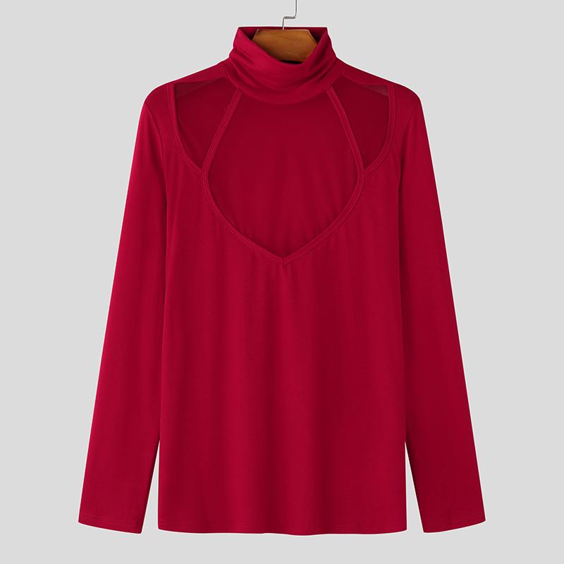 

INCERUN Мужские водолазки с сетчатым верхом в стиле пэчворк с длинным рукавом Узкие майки 5XL красный