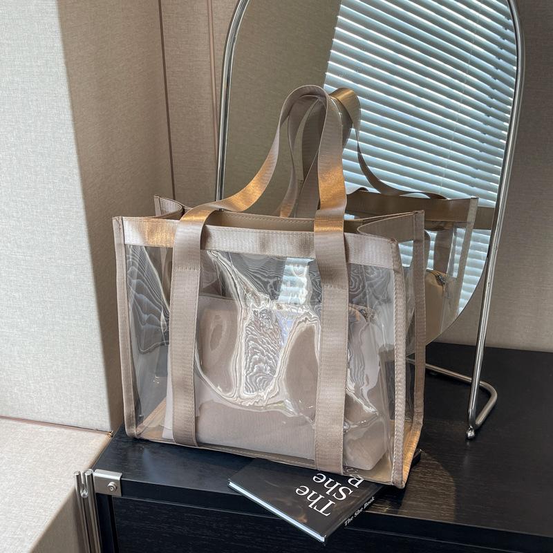 Transparente PVC-Tragetasche mit Reißverschluss-Einsatztasche für Damen, Lässige einfarbige Handtasche für Strandurlaub und Arbeit