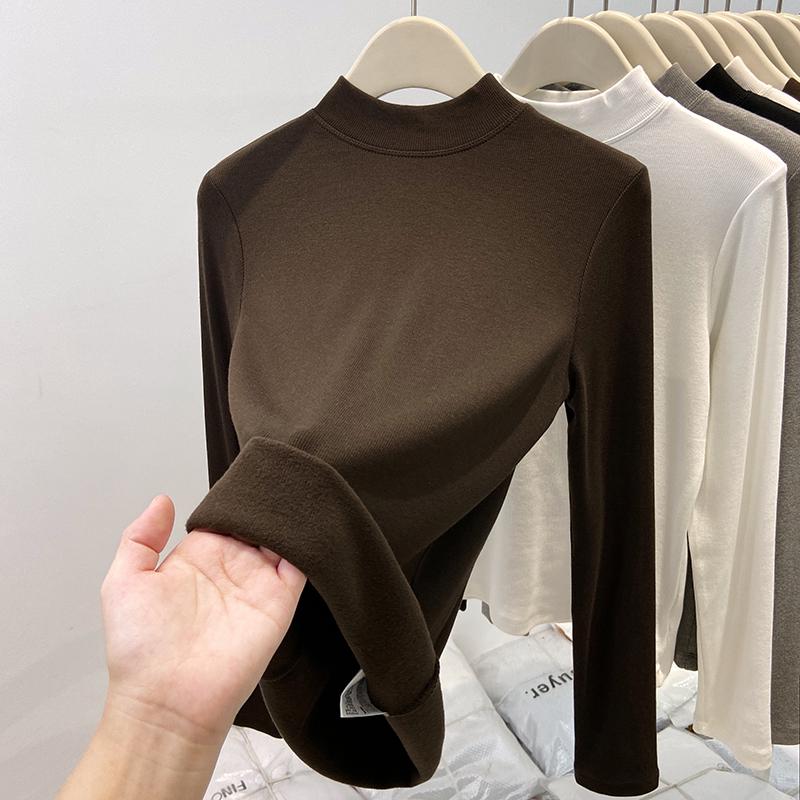 Autumn/Winter 2025 Women's Ribbed Half-High Neck Velvet-Lined Base Layer Shirt with Stand Collar