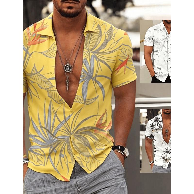 Men's Gradient Tropical Palm Leaf Print Short Sleeve Shirt, Casual Hawaiian Button Up Shirt for Spring Summer