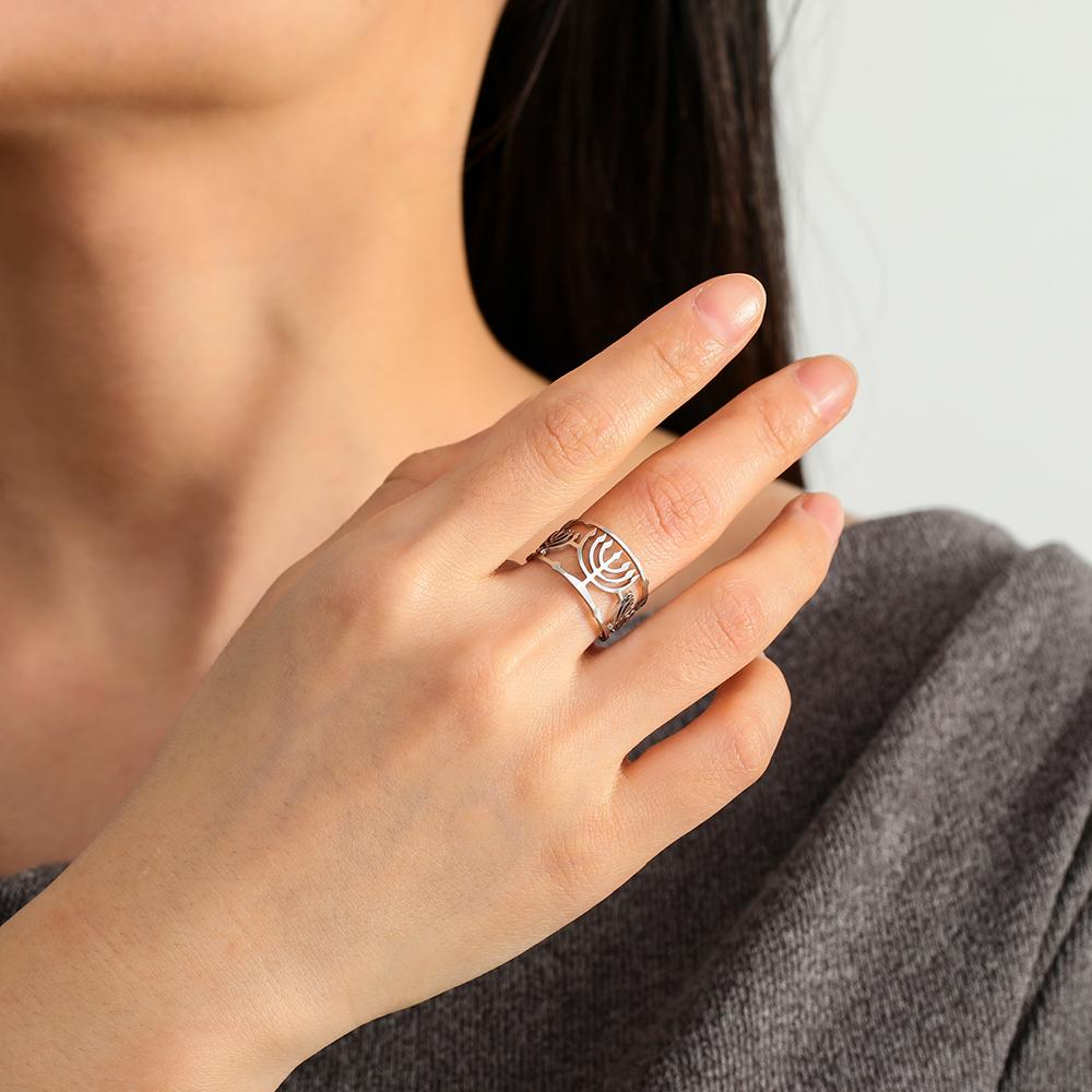 Dawapara Je Menorah Ring Jerusalem Symbol Hanukkah Chanukah Gift Judaic Jewelry Stainless Steel Adjustable Rings