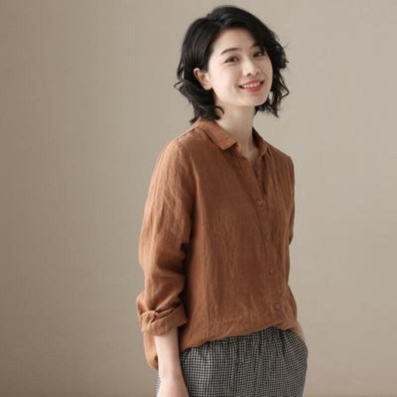 

Художественная хлопковая льняная рубашка женская весенняя верхняя часть свежий дизайн Sense Niche свободная льняная рубашка с длинными рукавами 4XL темно-коричневого