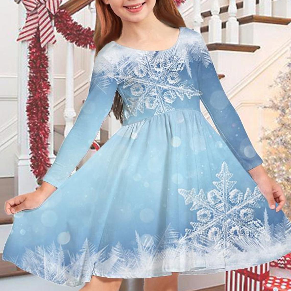

Весеннее повседневное платье принцессы с объемным синим нотом для девочек и принтом снежинок, круглым вырезом и длинными рукавами, детское платье принцессы на Рождество 100 светло-синий