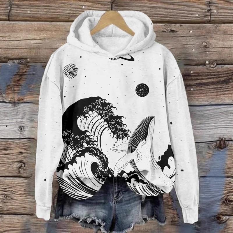 Womens Casual Hooded Sweatshirt With 3D Printed Graphic Long Sleeve Loose Fit Pullover