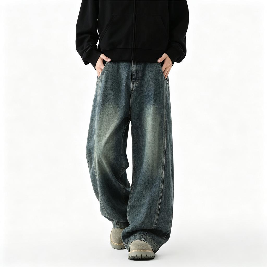 Herren Lockere Passform Weites Bein Jeans Retro Hip Hop Streetwear Denim Hose Lässig High Street