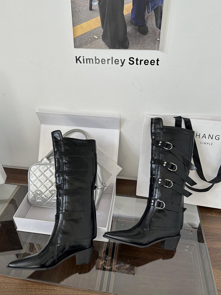 Retro braune Gürtelschnalle Ritterstiefel Damen 2025 Herbst und Winter neue dicke Ferse aber Knie Mode Western Cowboystiefel