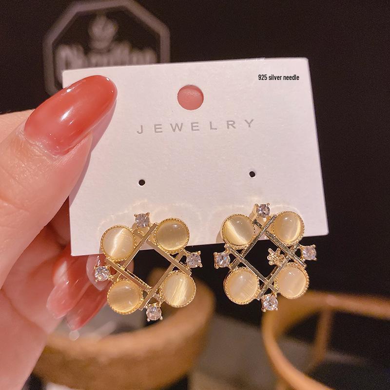 Geometric Cat s Eye Zircon Stud Earrings - S925 Silver Needle 7B808
