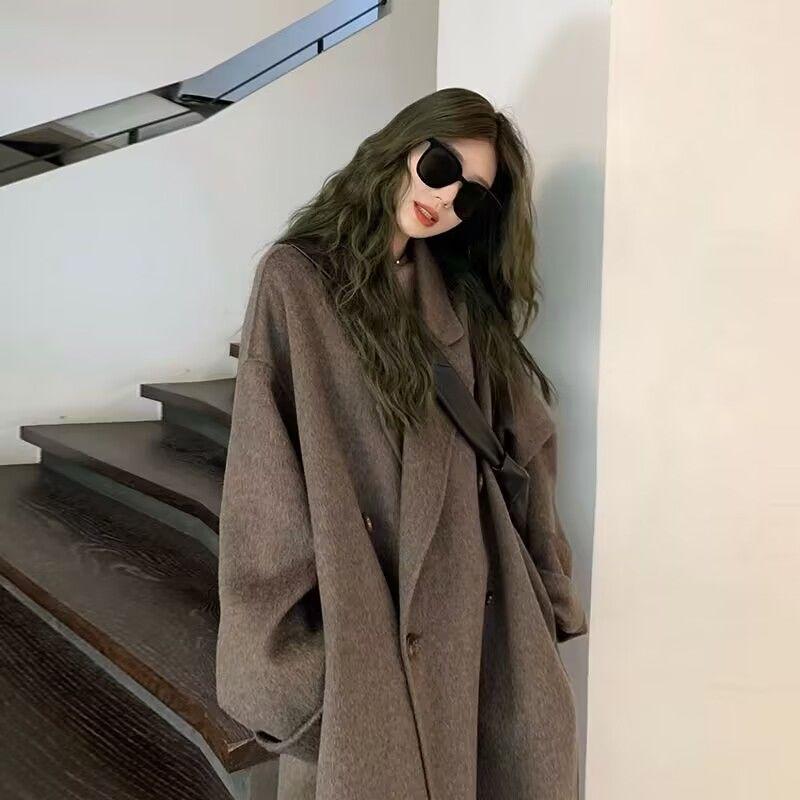 

Осенне-зимнее женское мокко-коричневое кашемировое пальто в корейском стиле, повседневное, в стиле Майяр, элегантная шерстяная верхняя одежда S