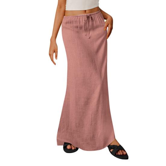 Maxi sukně v boho stylu s vysokým pasem, nastavitelnou stahovací šňůrkou, dlouhá sukně s rozparkem vzadu, jednobarevná, sukně pro office lady