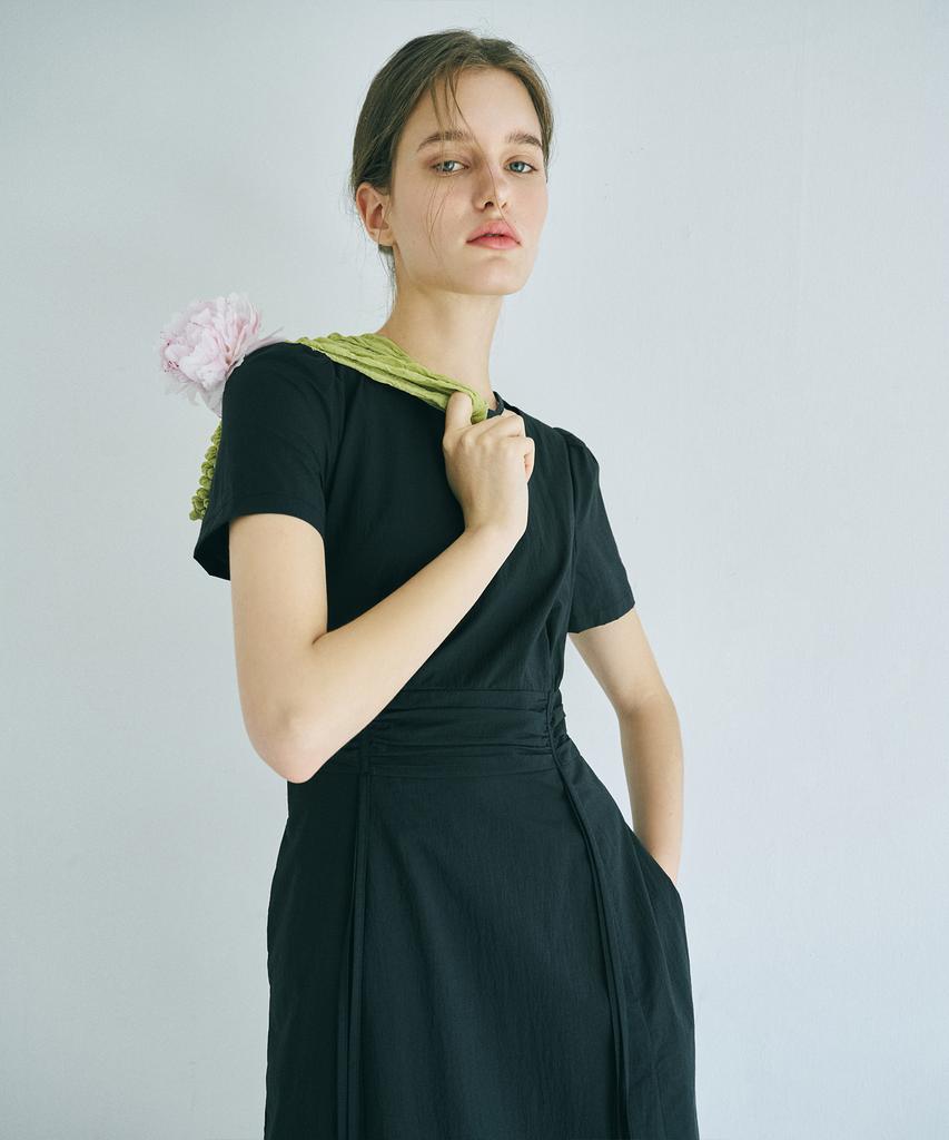 Etmont Neck Cut-Out Shirring Dress Black