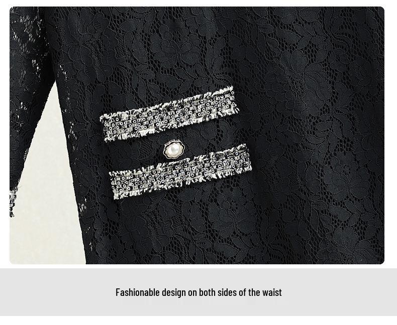 Schwarzes Übergrößen-Spitzenkleid - Damen Herbst Kurzes Schlank machendes Kleid mit Sieben-Ärmel-Design