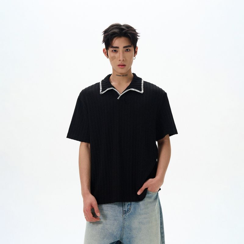 Kisko Simple High Sense of Knowledge Hand Sewing Patchwork Polo Lapel Short Sleeve T-shirt Men and Women Cleanfit Texture Top