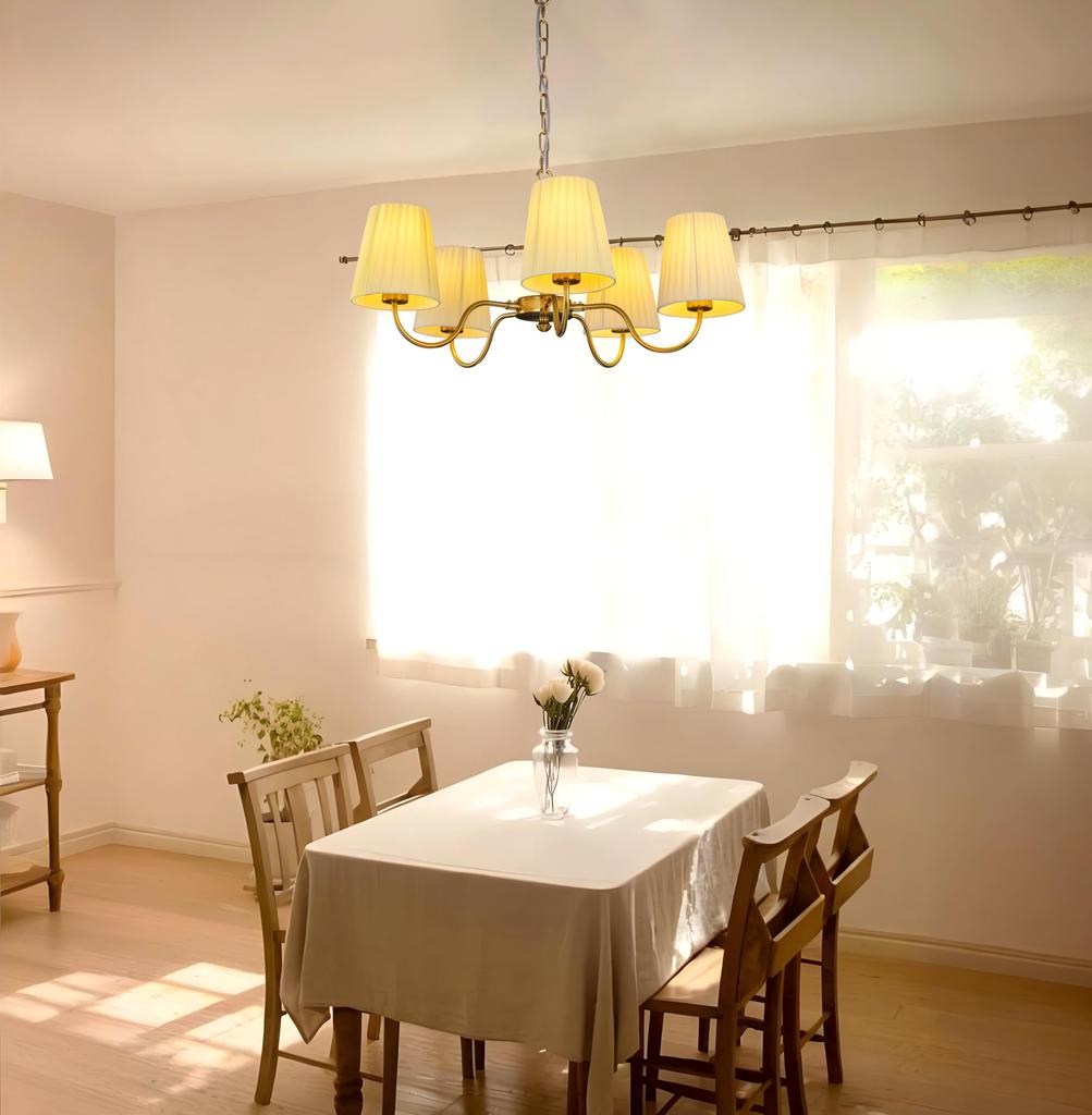 Chende Pendelleuchte, Nordischer Stoffschirm, Deckenleuchter, 5 Leuchten, LED-kompatibel, Messing, Stilvoll, Klassisch, Antik-Stil, für