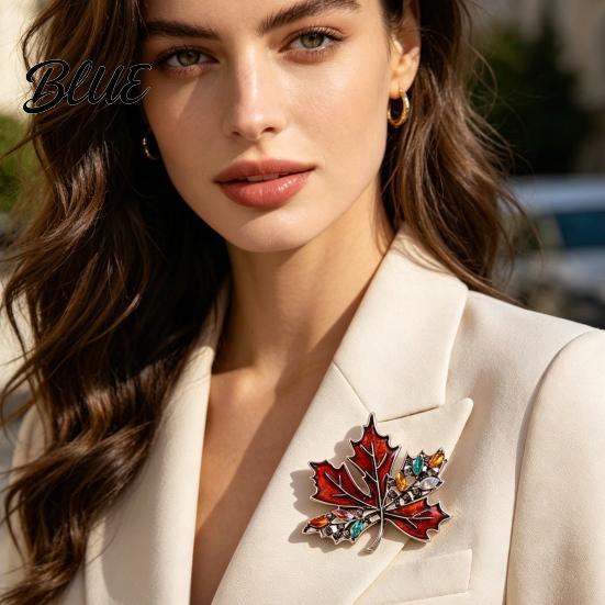 Alloy Pin Brooch Autumn Maple Leaf Design Zinc with Rhinestone
