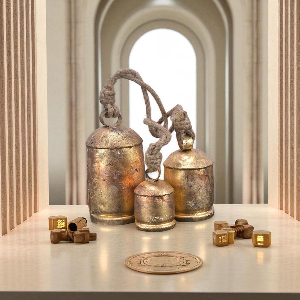 Large Rustic Gold Metal Hanging Bells Set, Handmade Vintage Cowbells for Farmhouse Christmas Decor and Boho Wall Art 4,6,8" (3-Piece)