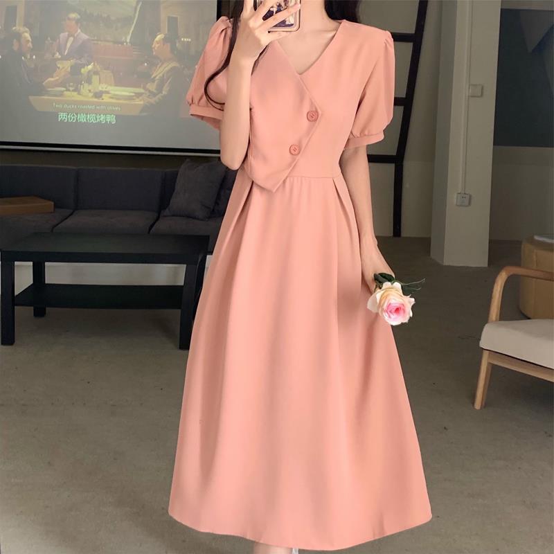 Large size chic design bubble sleeve dress gentle wind summer skirt fat mm belly and thin French dress