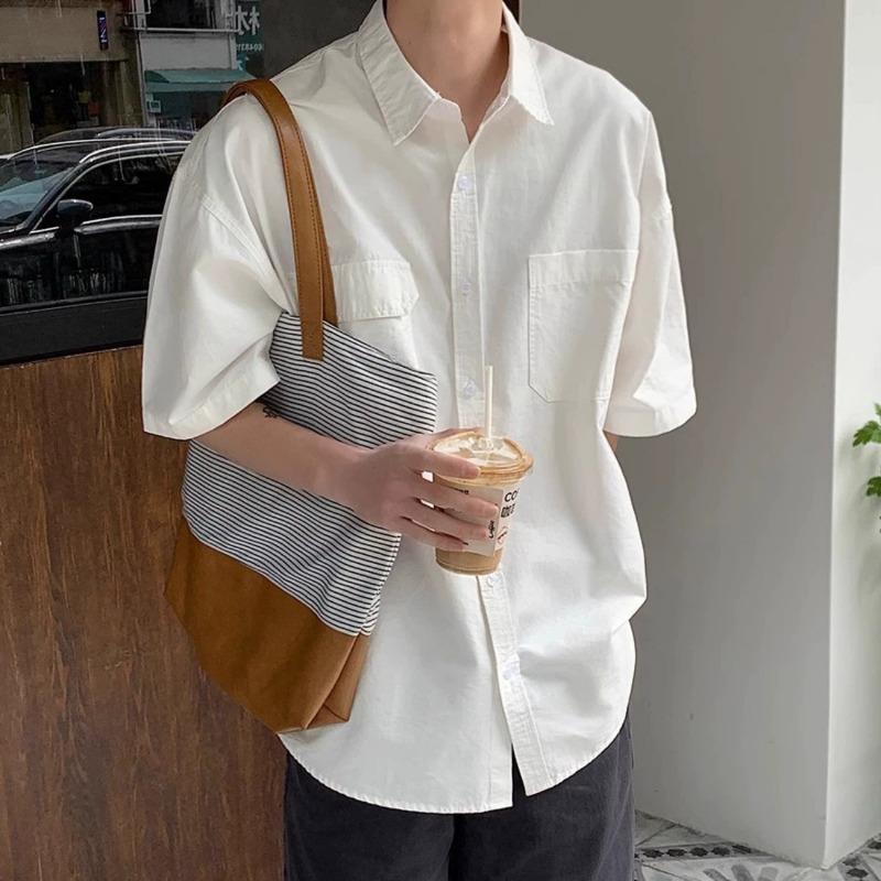 Men Oversized Short Sleeve Button Down Shirt Casual Loose Streetwear Summer Top