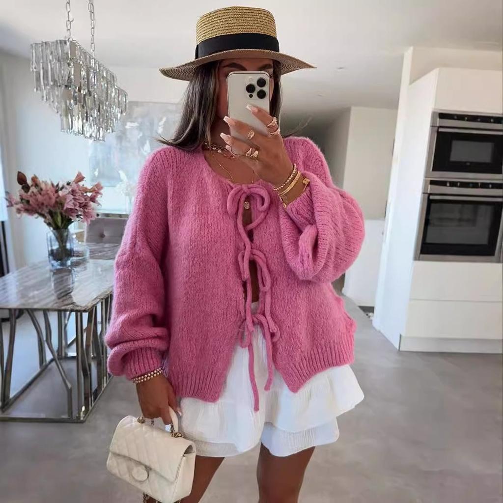 Women's Classic Tie-Front Knit Cardigan - Solid Color Round Neck Sweater Casual Pullover