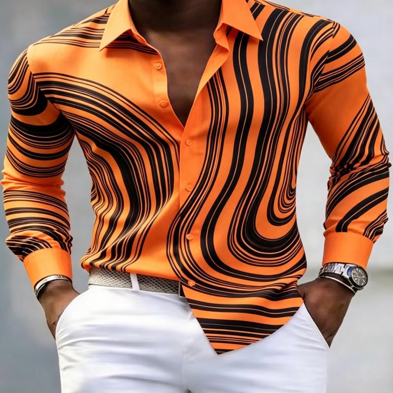 European American Trendy Men Abstract Swirl Stripe Printed Long Sleeve Shirts Spring Autumn Soft Stretch Silky Fabric Lapel Butt