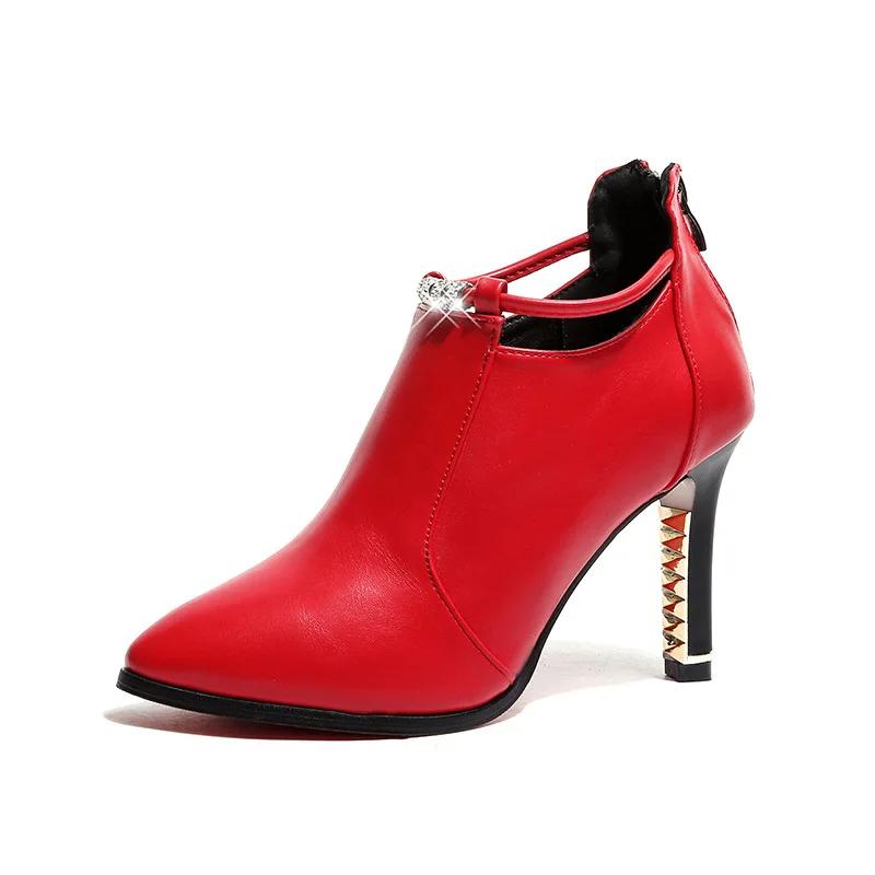 

Женские элегантные ботильоны с острым носком, осенне-зимняя мода, красные, с пряжкой-ремнем, из искусственной кожи, короткие ботинки, женские туфли на тонком каблуке для вечеринки 34