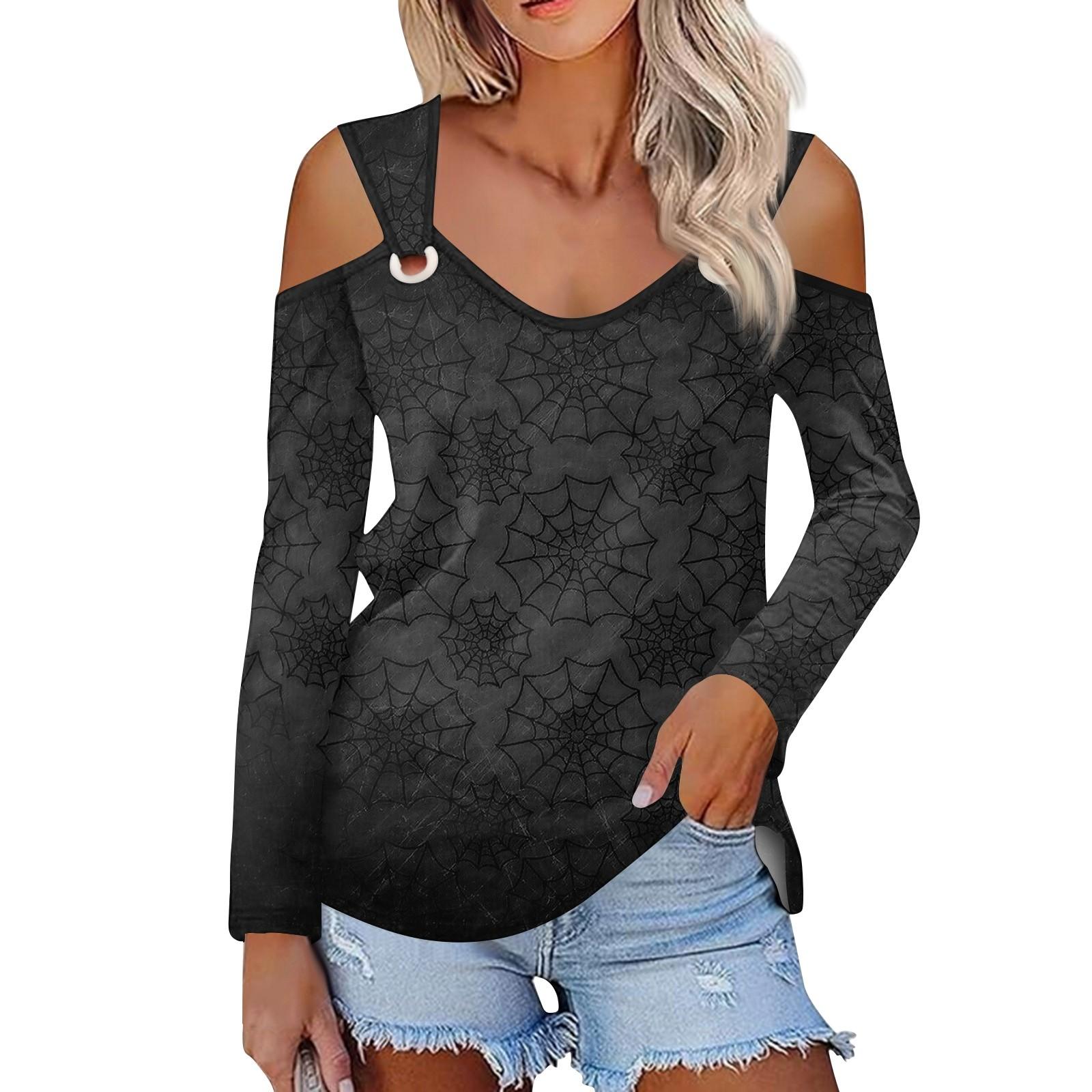 

Женская повседневная рубашка-блузка с принтом Хэллоуина, V-образным вырезом, сексуальным открытыми плечами, длинным рукавом XXXL