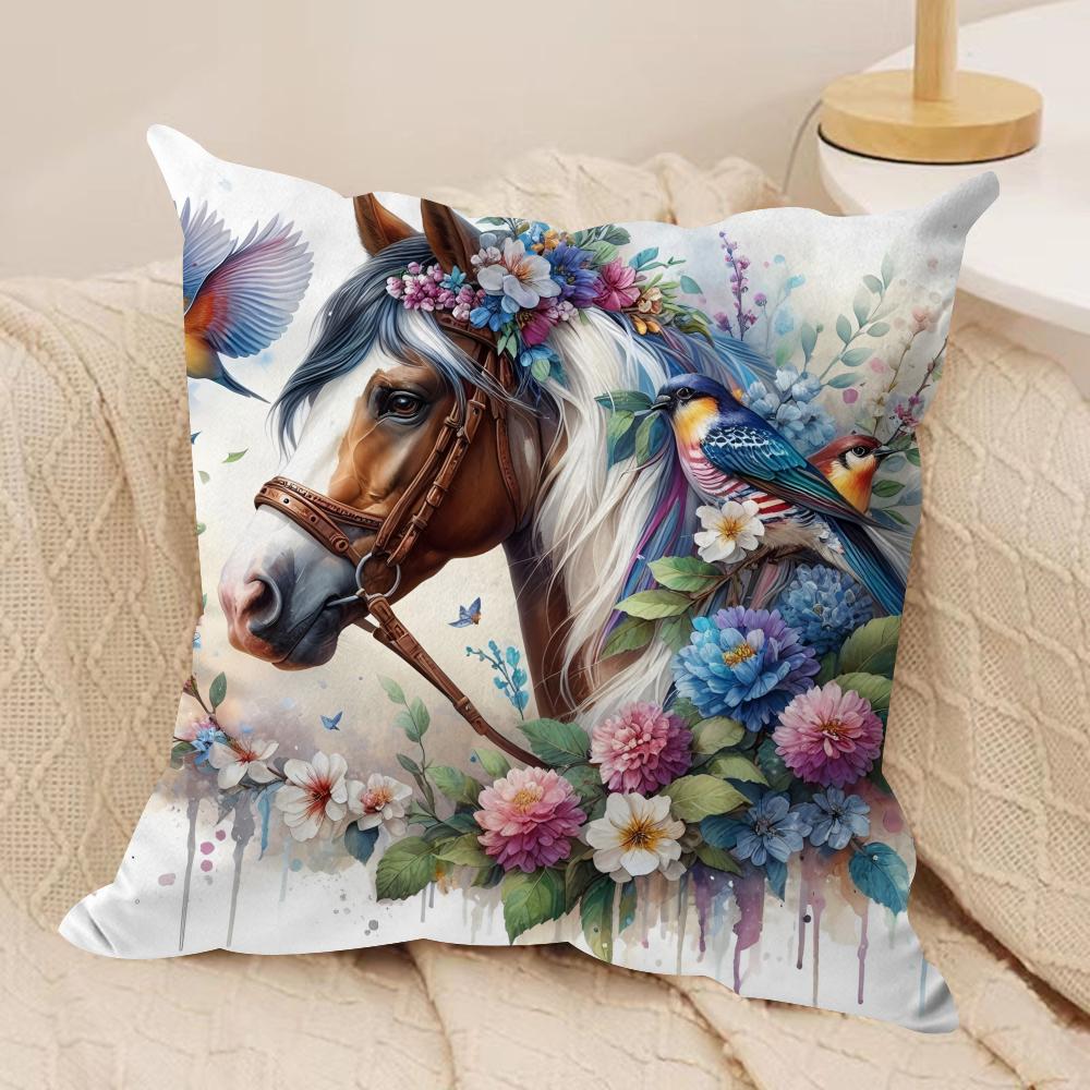 Watercolor Horse Floral Cushion Cover Soft Plush Fabric DoubleSided Printed Cushion Covers for All Seasons Modern Home Decor