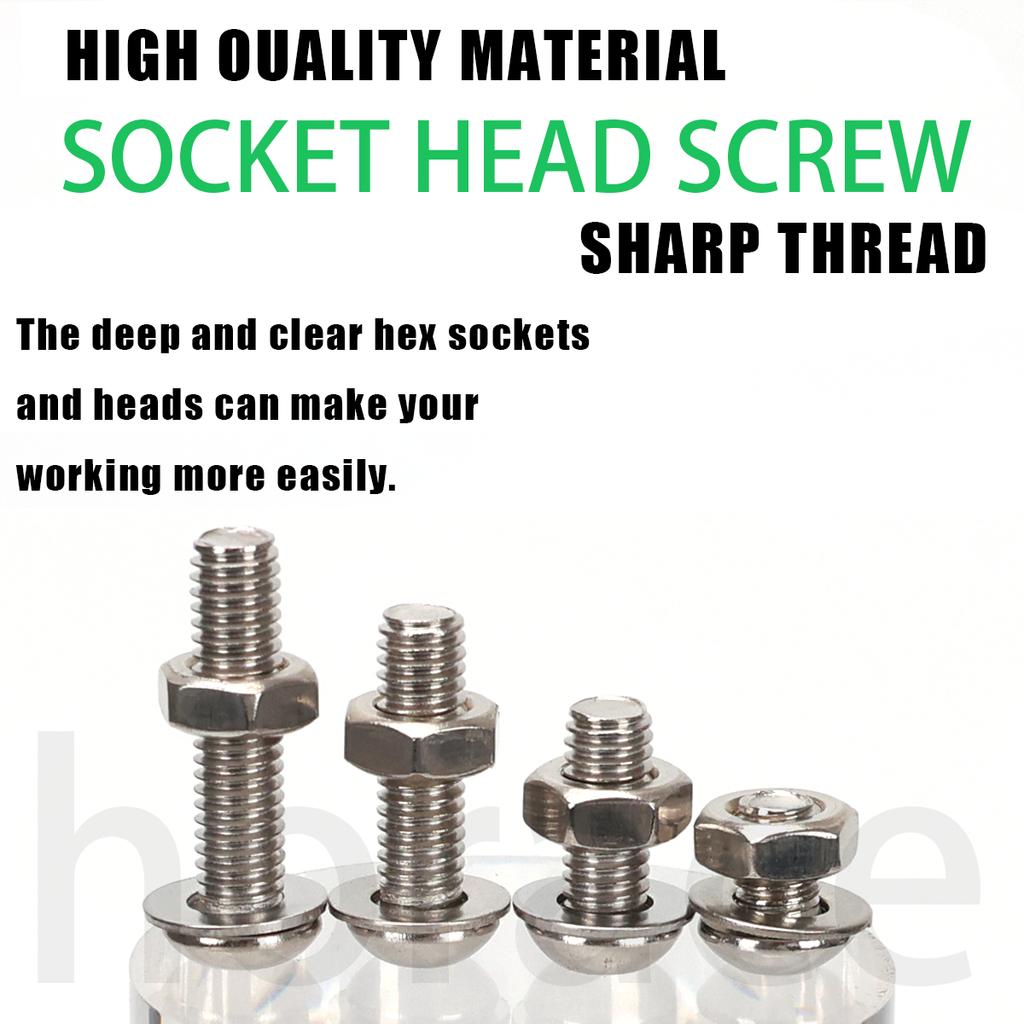 700 PCS Stainless Steel Hexagon Nut and Bolt Combo Set - Round Cup M3, M4, M5, M6 Hex Head - Round Head Bolt - Includes Flat Was