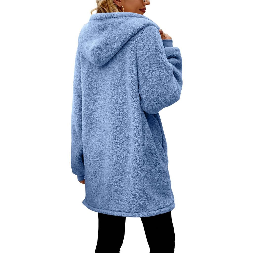 Women's Fashionable Coat Solid Color Long Sleeved Pocket Loose Hooded Zipper Plush  Jacket