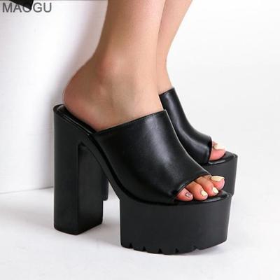 14CM Super Vysoké Podpätky Platforma Mules Dámske Vonkajšie Papuče Otvorená Špička Nazúvacie Sandále PU Čierna Biela Veľkosť 35-42 Zapatos De Mujer