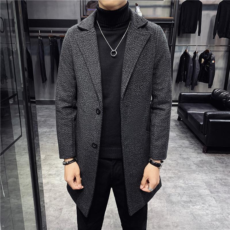 Herbst und Winter Neuer Herren Woll Trenchcoat Slim Einreihiger Wollmantel Mittellanger Mantel