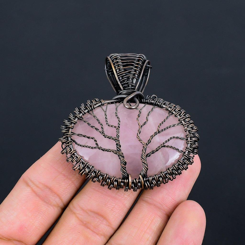 Tree Of Life Rose Quartz Gemstone Handmade Copper Wire Wrap Jewelry Pendant For Wedding Gift
