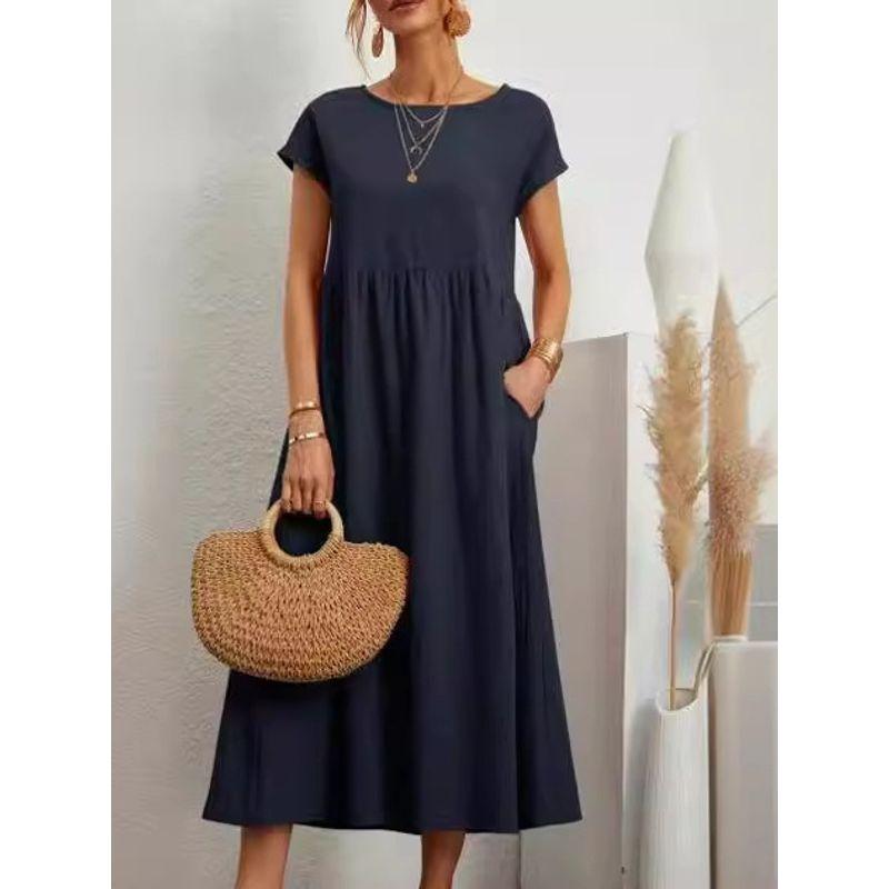 Short-Sleeve Pocket Women's Dress Short Sleeve Loose Pockets round Neck Pleating Dress
